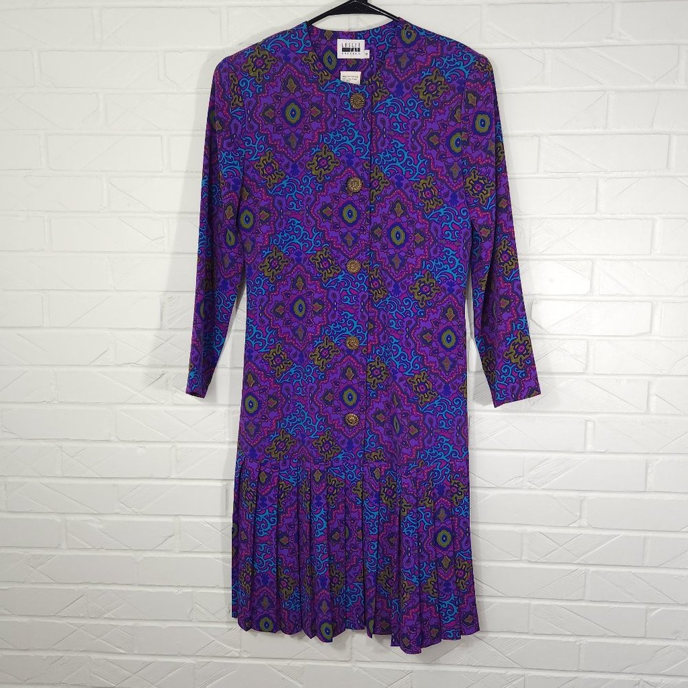 Vintage Leslie Fay Purple Blue Stain Glass Kaleidoscope Print Dress Pleat Skirt